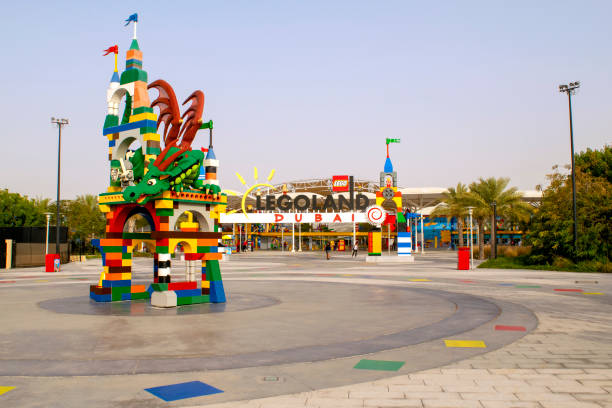 Dubai / UAE - March 9, 2020: Entrance of Legoland at Dubai Parks and Resorts. Legoland water park.